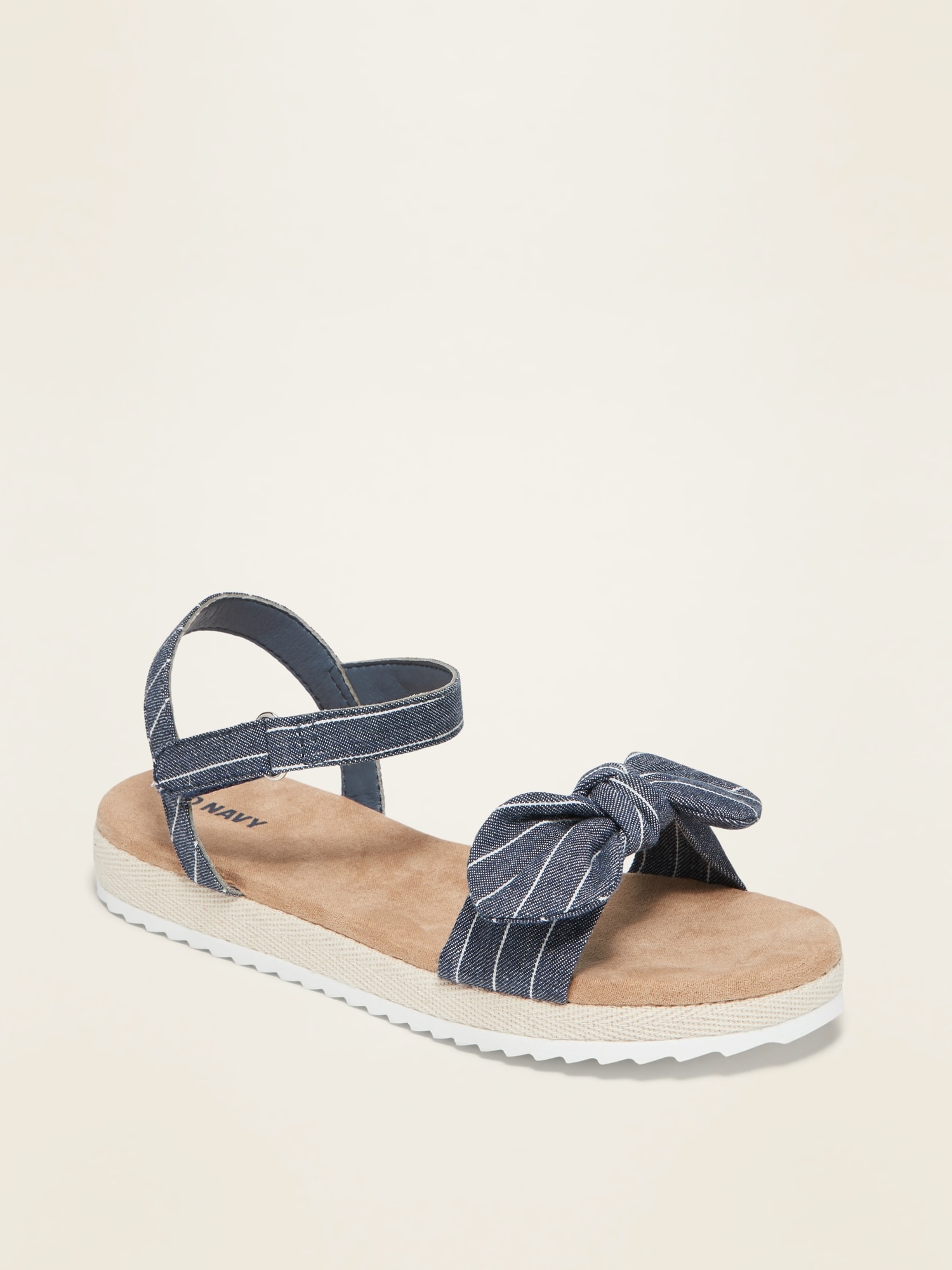 Striped-Chambray Bow-Tie Sandals for Girls