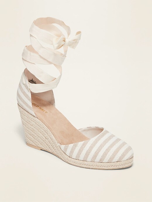 Image number 1 showing, Textile Lace-Up Espadrille Wedge Shoes