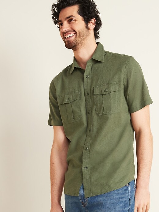 View large product image 1 of 1. Relaxed-Fit Linen-Blend Utility Shirt