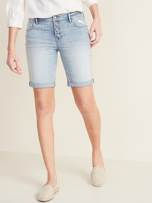 View large product image 1 of 3. Mid-Rise Distressed Button-Fly Bermuda Jean Shorts for Women -- 9-inch inseam