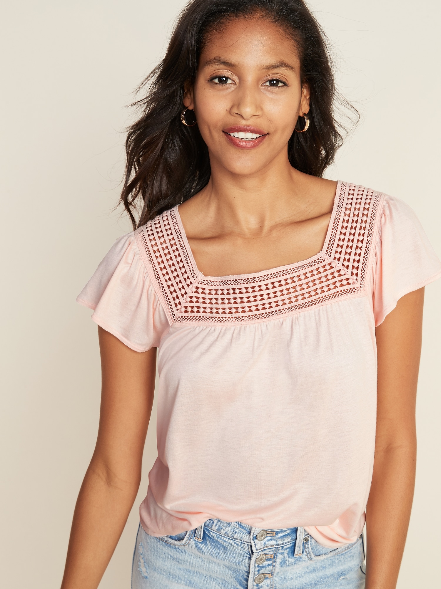 Gallery Lace Hem Square Neck Top