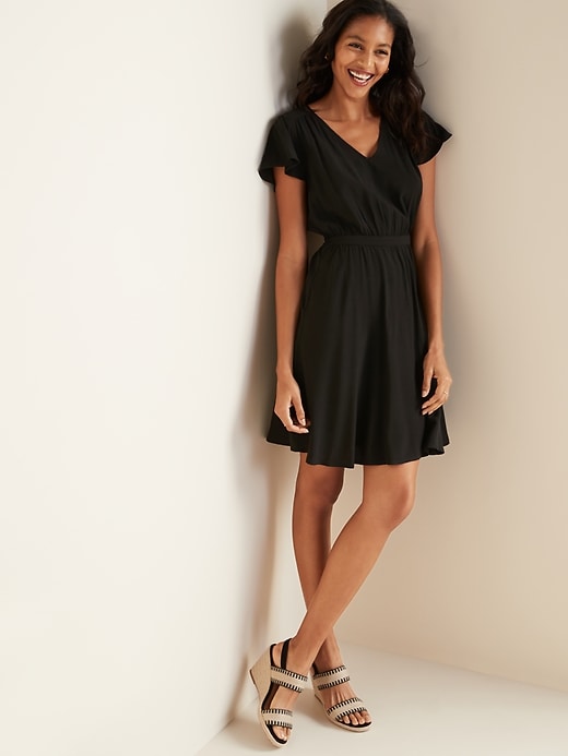 View large product image 1 of 1. Waist-Defined V-Neck Flutter-Sleeve Dress