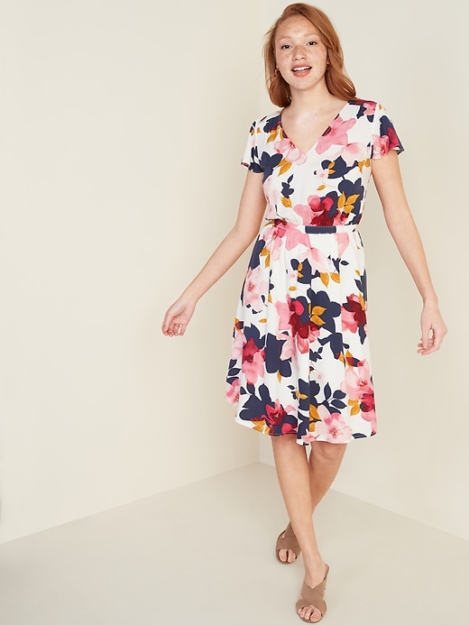 View large product image 1 of 2. Waist-Defined V-Neck Flutter-Sleeve Dress for Women