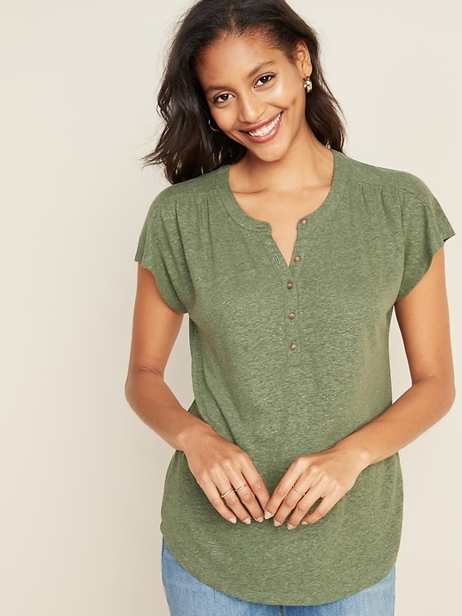 View large product image 1 of 1. Loose Linen-Blend Jersey Henley Top for Women