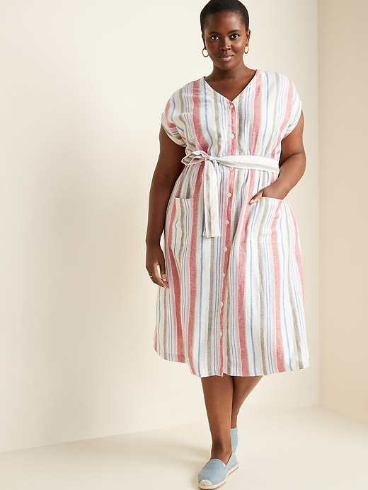 Image number 1 showing, Tie-Belt Plus-Size Linen-Blend Midi Dress