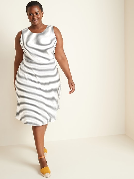View large product image 1 of 1. Striped Rib-Knit Waist-Defined Plus-Size Dress