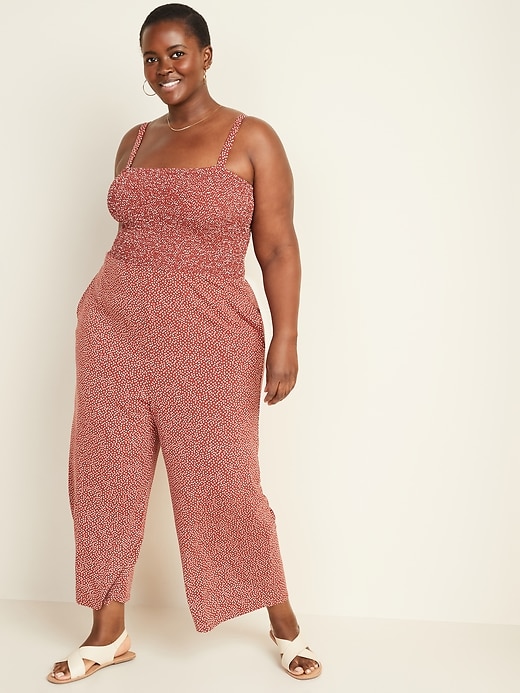 View large product image 1 of 1. Printed Smocked-Bodice Jersey Plus-Size Cami Jumpsuit