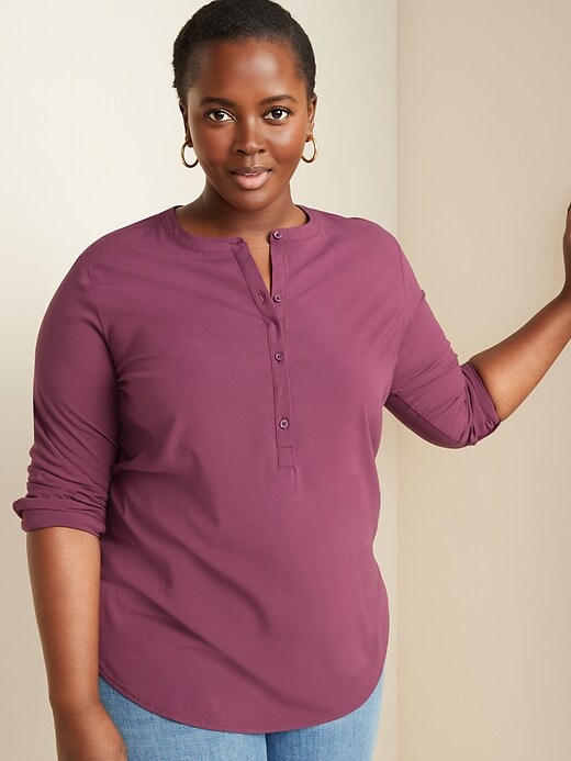 Image number 1 showing, No-Peek Button-Front Plus-Size Popover Stretch Tunic