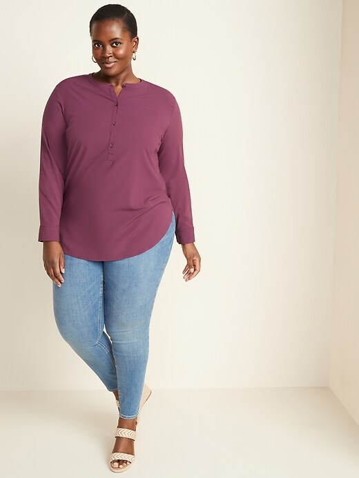Image number 3 showing, No-Peek Button-Front Plus-Size Popover Stretch Tunic