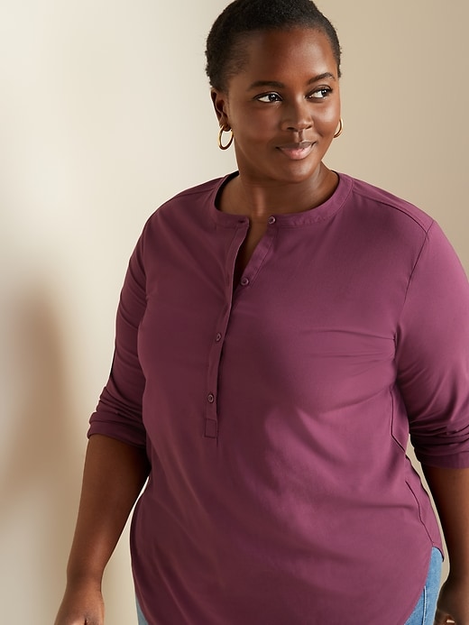 Image number 4 showing, No-Peek Button-Front Plus-Size Popover Stretch Tunic