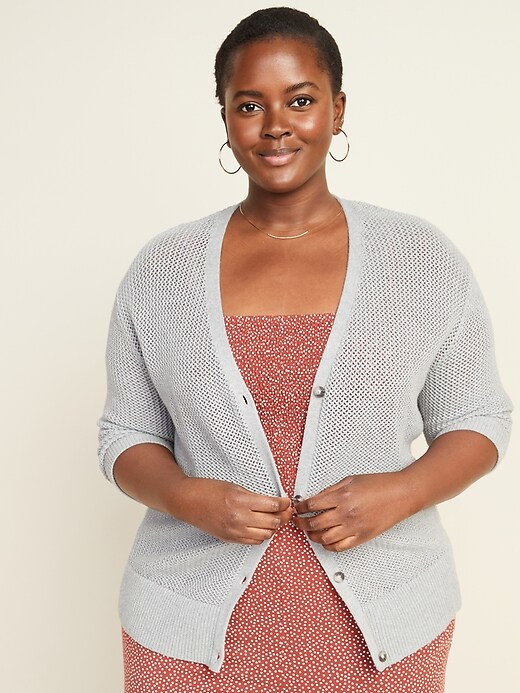 Image number 1 showing, Textured Open-Knit Button-Front Plus-Size Cardigan