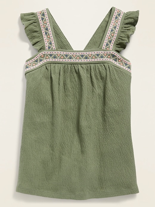 View large product image 1 of 1. Sleeveless High-Neck Embroidered Swing Top for Girls