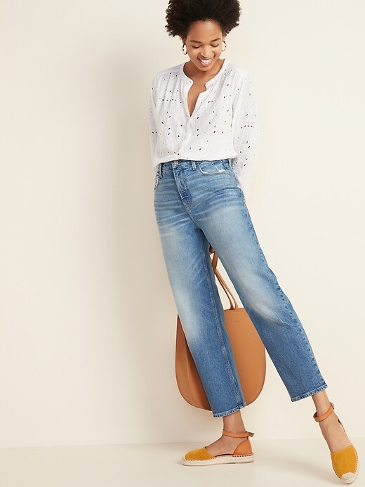 Extra High-Waisted Sky-Hi Straight Distressed Jeans for Women | Old Navy