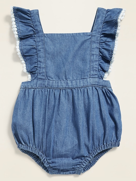 View large product image 1 of 2. Sleeveless Pom-Pom-Trim Chambray Romper for Baby