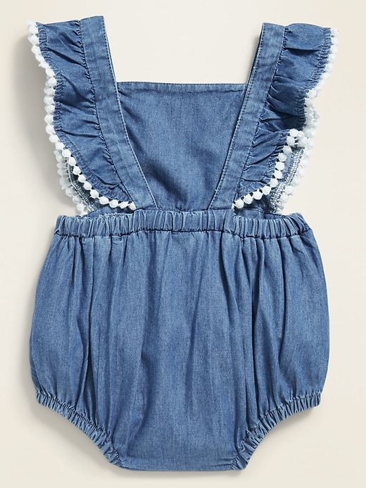 View large product image 2 of 2. Sleeveless Pom-Pom-Trim Chambray Romper for Baby