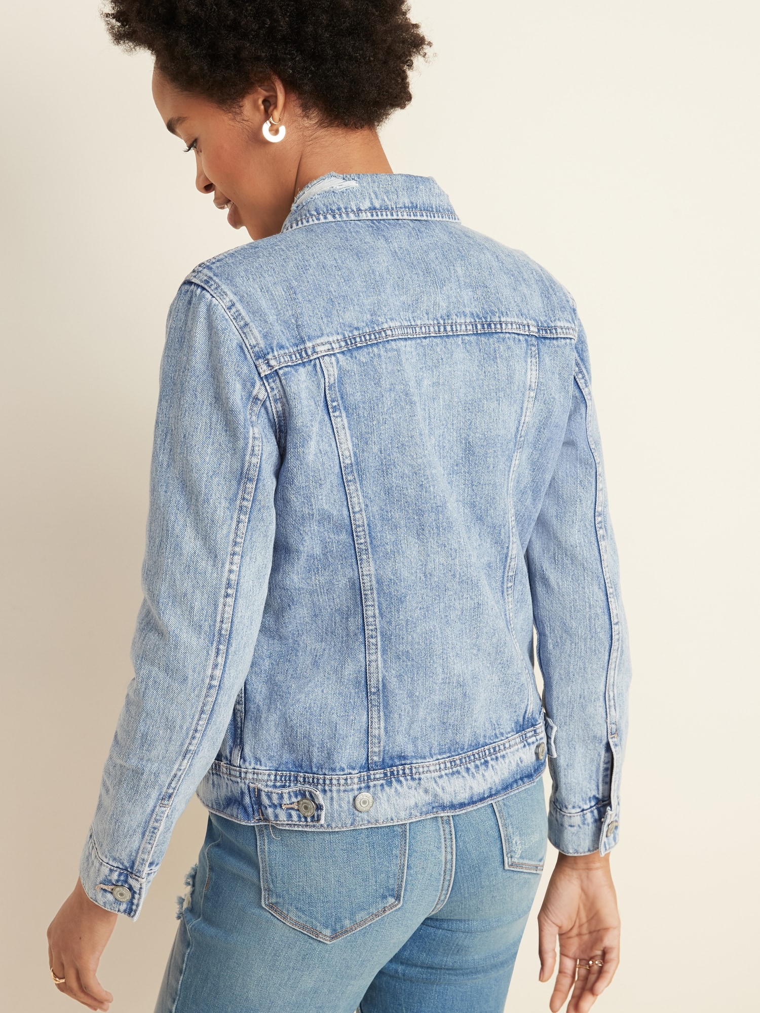 long blue jean distressed jacket