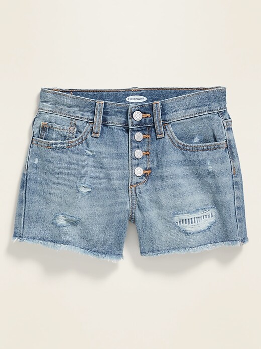 View large product image 1 of 2. High-Waisted Button-Fly Distressed Jean Cut-Off Shorts for Girls