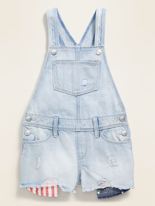 Distressed Americana-Pocket Jean Shortalls for Girls