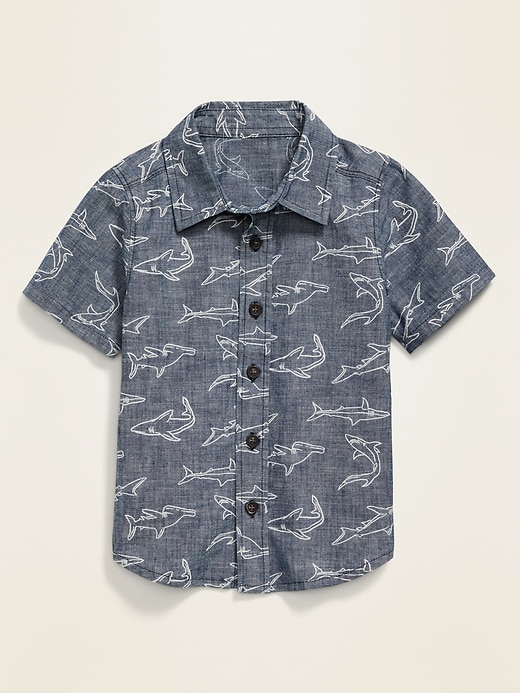 View large product image 1 of 2. Shark-Print Chambray Shirt for Toddler Boys