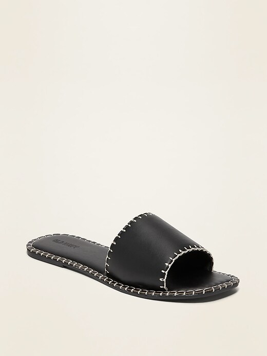 View large product image 1 of 1. Faux-Leather Wide-Strap Slide Sandals