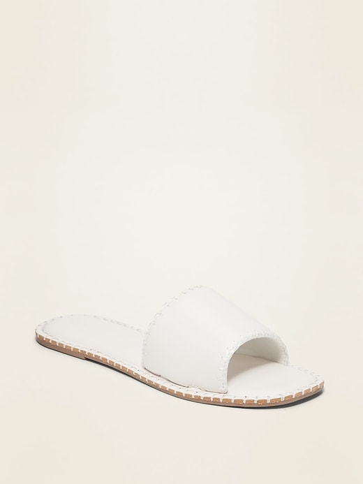 View large product image 1 of 1. Faux-Leather Wide-Strap Slide Sandals