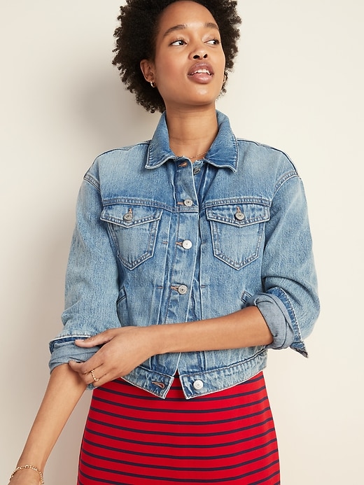 Image number 1 showing, Cropped Medium-Wash Jean Jacket for Women