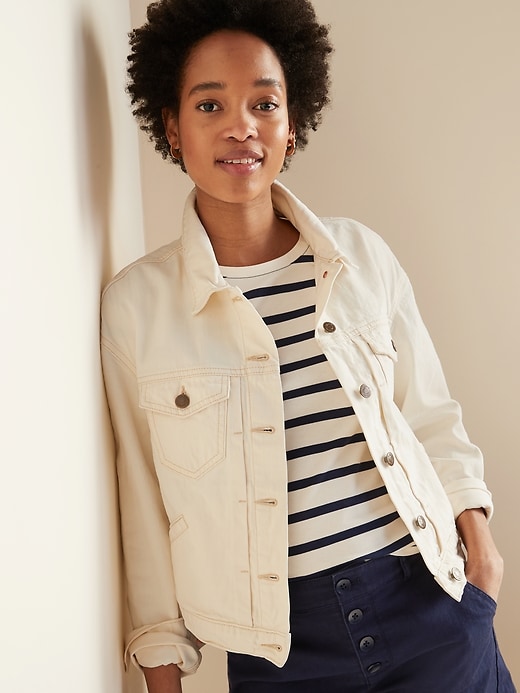 Image number 1 showing, Cropped Off-White Jean Jacket for Women