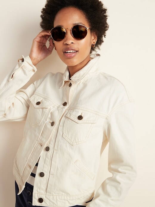 Image number 4 showing, Cropped Off-White Jean Jacket for Women