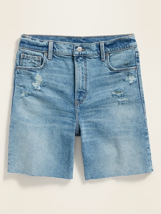 View large product image 1 of 1. High-Waisted Relaxed Distressed Cut-Off Jean Shorts for Women -- 7-inch inseam