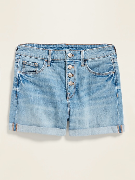 View large product image 1 of 1. High-Waisted Button-Fly Cuffed Jean Shorts for Women -- 3.5-inch inseam