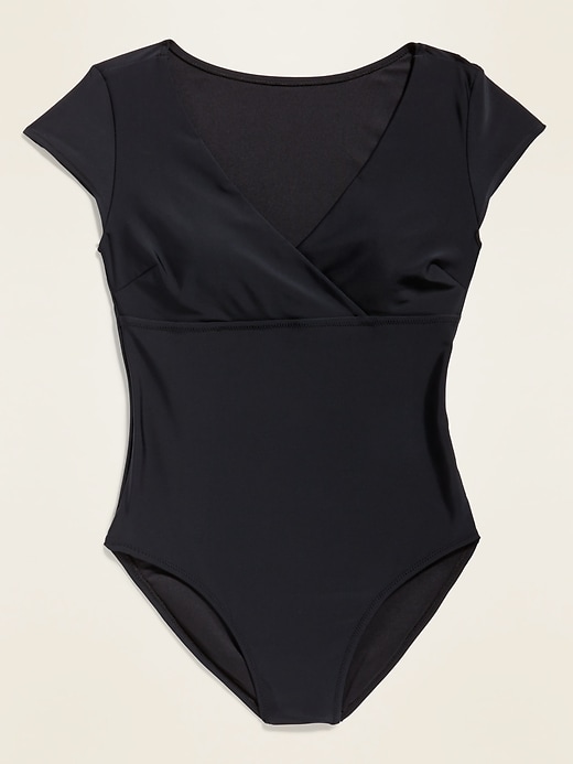 View large product image 1 of 1. Short-Sleeve Cross-Front One-Piece Swimsuit