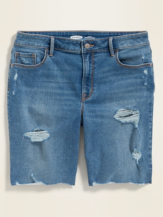 View large product image 1 of 1. High-Waisted Distressed Bermuda Jean Shorts for Women -- 9-inch inseam