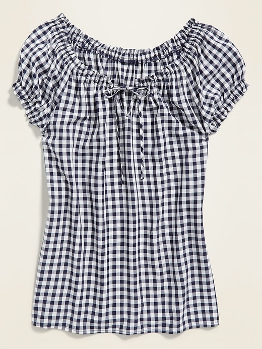 Ruffled Tie-Neck Gingham Blouse for Women