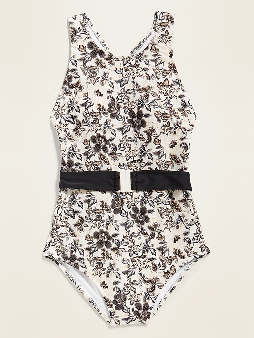 View large product image 1 of 1. High-Neck Printed One-Piece Belted Swimsuit