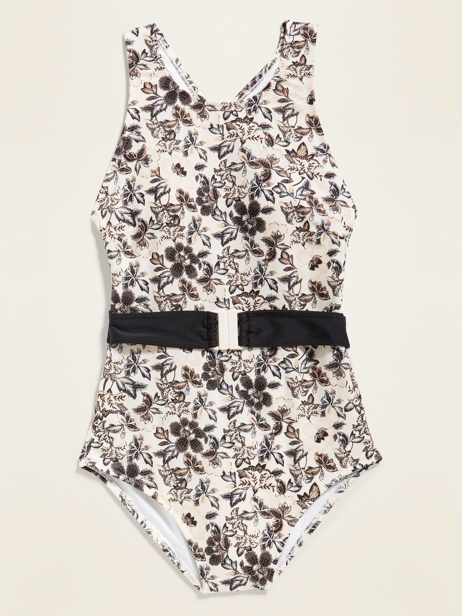 High-Neck Printed One-Piece Belted Swimsuit for Women