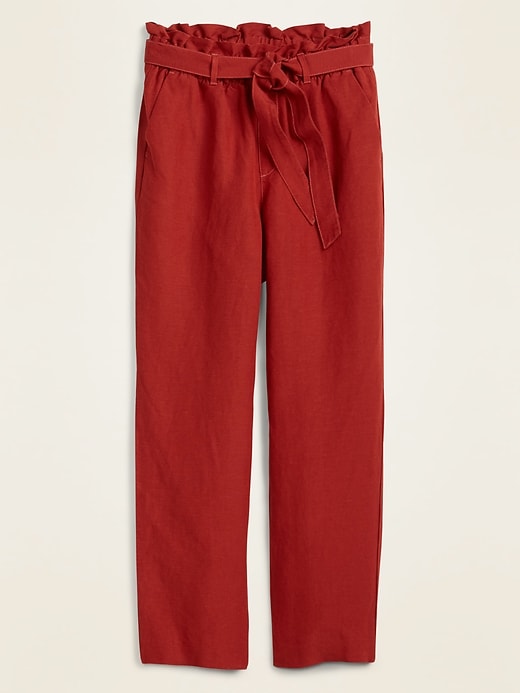 View large product image 1 of 1. High-Waisted Tie-Belt Linen-Blend Straight-Leg Pants
