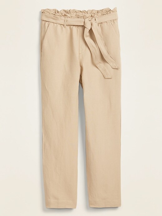 View large product image 1 of 1. High-Waisted Tie-Belt Linen-Blend Straight-Leg Pants for Women