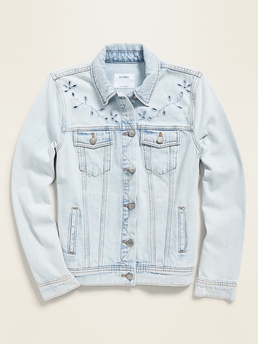 Old Navy Light-Wash Embroidered-Cutwork Jean Jacket for Women. 1