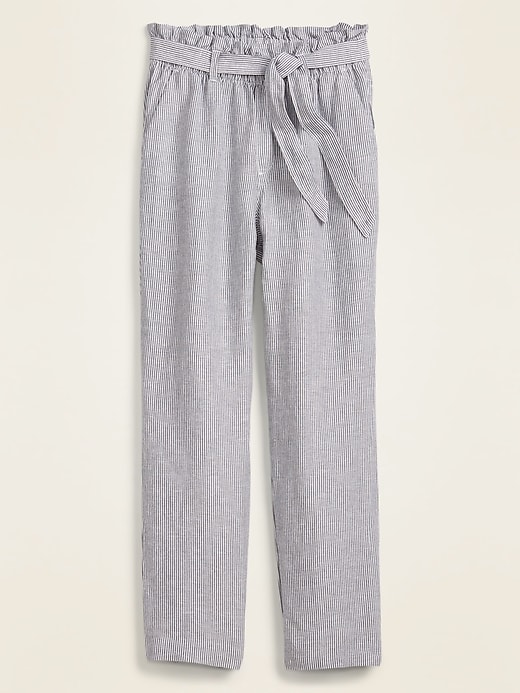 View large product image 1 of 1. High-Waisted Tie-Belt Linen-Blend Straight-Leg Pants