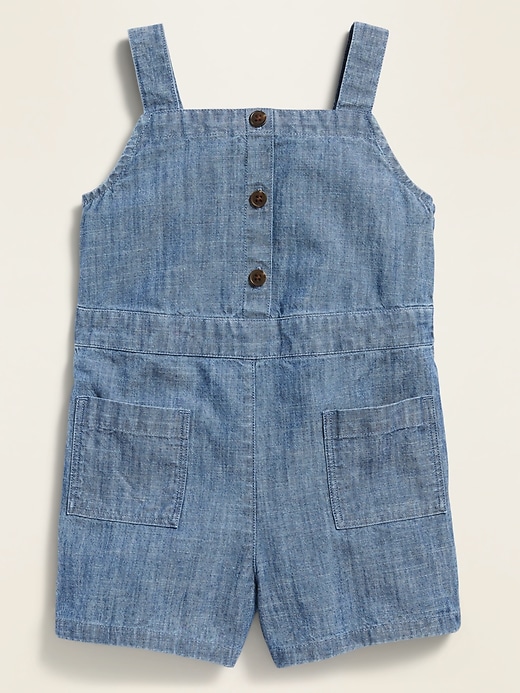 View large product image 1 of 2. Sleeveless Chambray Utility Romper for Toddler Girls