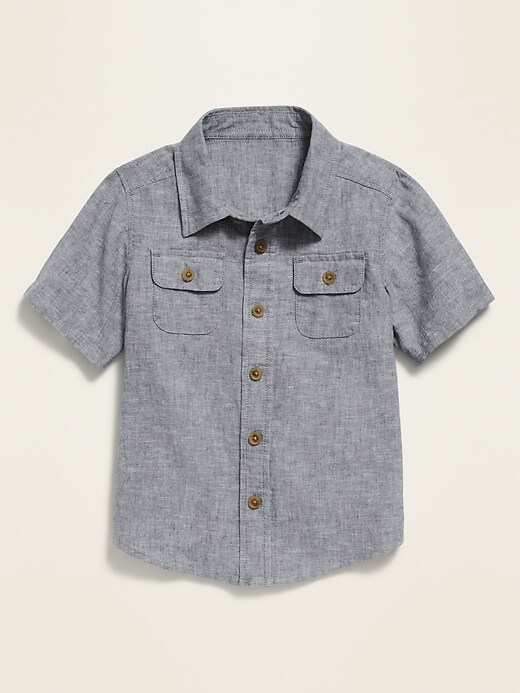 View large product image 1 of 1. Linen-Blend Cargo-Pocket Shirt for Toddler Boys