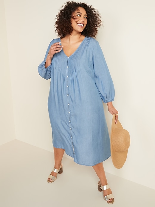 Image number 1 showing, Plus-Size Tencel&#174 Button-Front Pintuck Swing Dress