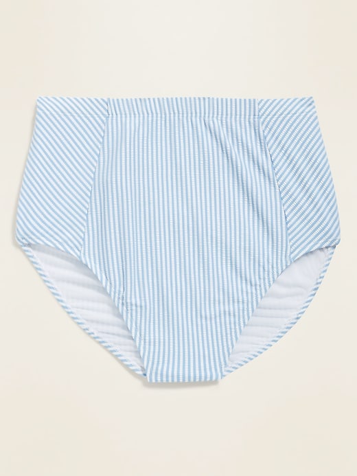 View large product image 1 of 1. High-Waisted Seersucker-Stripe Secret-Slim Plus-Size Swim Bottoms