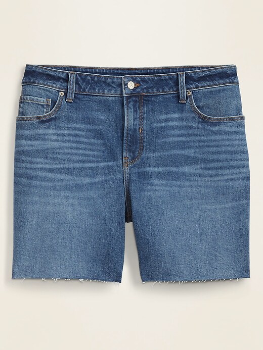 View large product image 1 of 1. Mid-Rise Plus-Size Cut-Off Jean Shorts -- 7-inch inseam