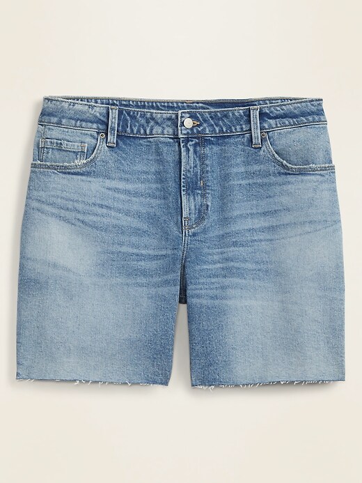 View large product image 1 of 1. Mid-Rise Plus-Size Cut-Off Jean Shorts --7-inch inseam
