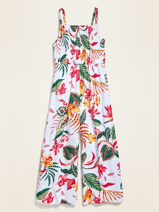 Old Navy Floral-Print Smocked Crinkle-Crepe Jumpsuit for Girls. 1