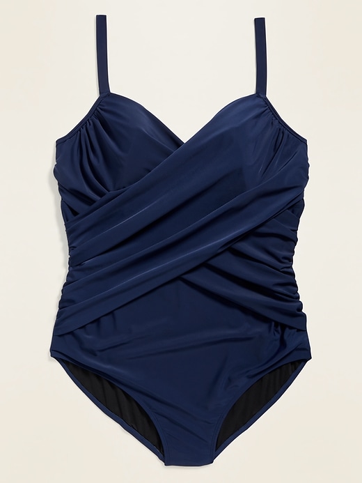 View large product image 1 of 1. Wrap-Front Secret-Smooth Underwire Plus-Size One-Piece Swimsuit