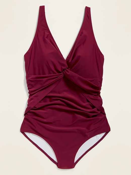 View large product image 1 of 1. Secret-Slim Twist-Front Plus-Size One-Piece Swimsuit