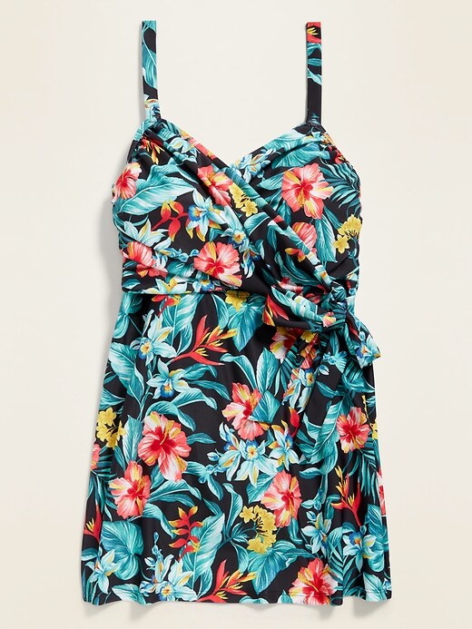 View large product image 1 of 1. Floral Wrap-Front Secret-Slim Plus-Size Swim Dress