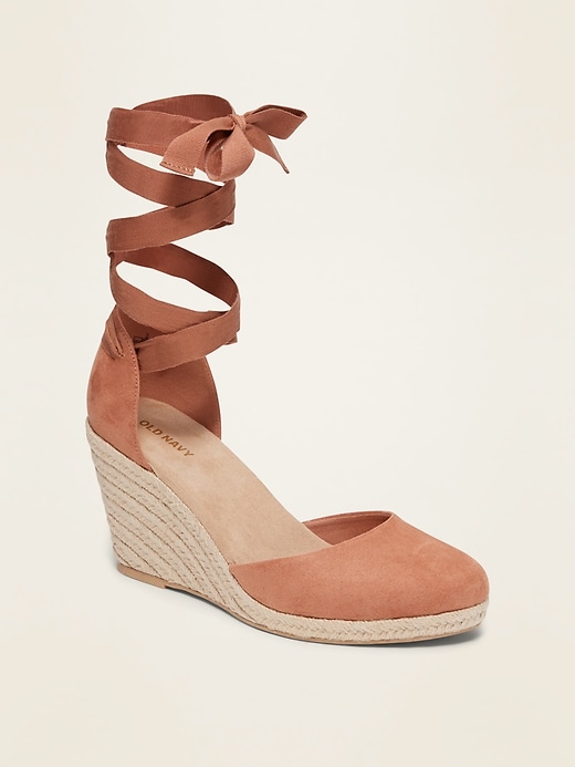 Image number 1 showing, Faux-Suede Strappy Lace-Up Espadrille Wedge Shoes